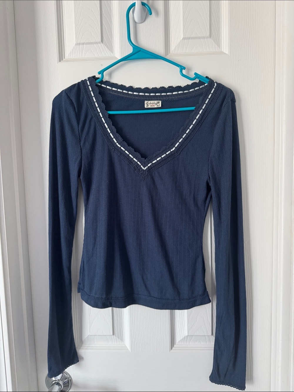 Free People Navy Long-Sleeve V-Neck Top with White Trim